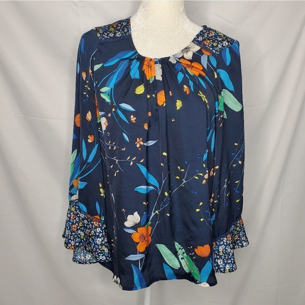 NANETTE‎ LEPORE bell sleeve multi dark floral top blouse M